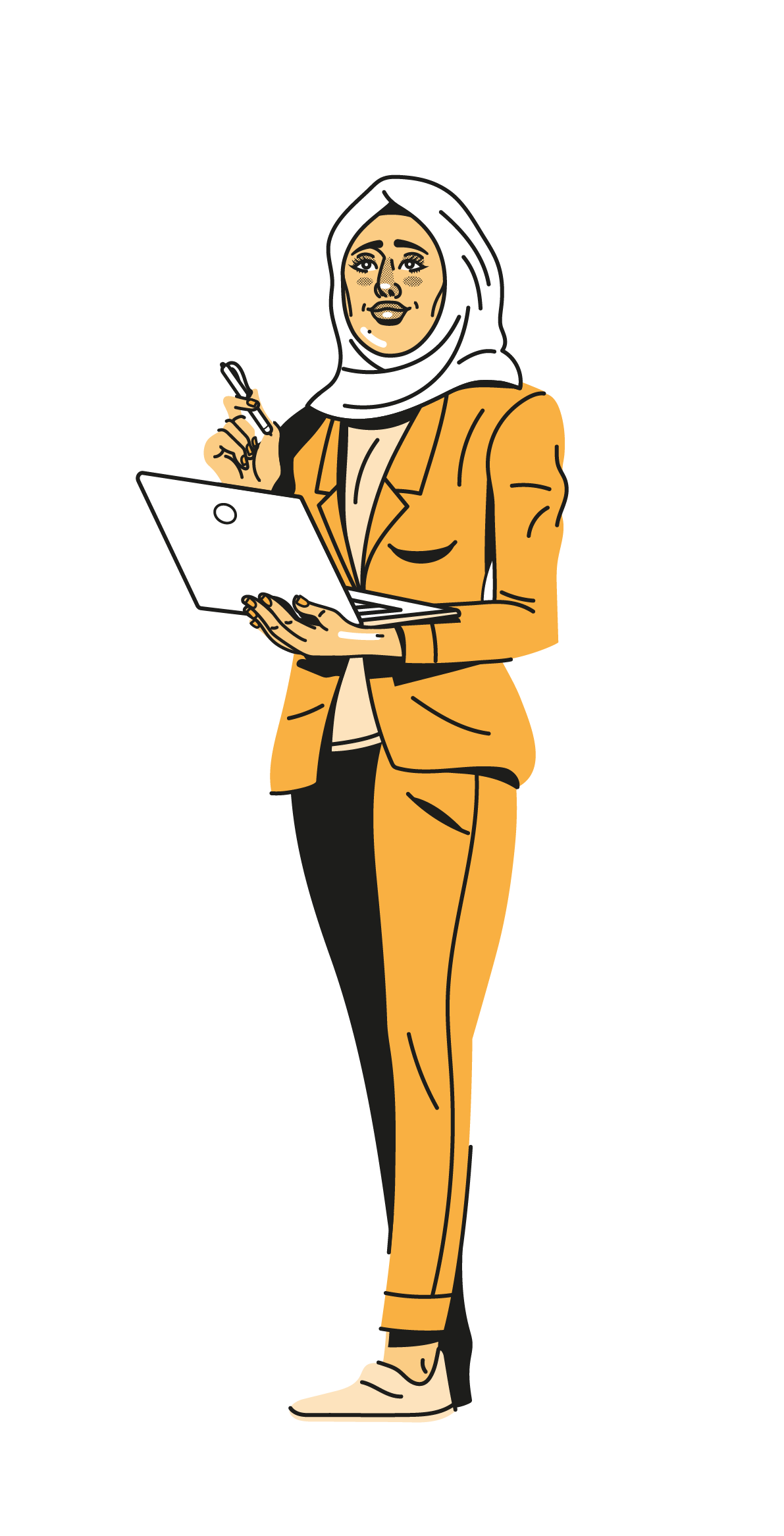 Eine Illustration in Orangetönen. Eine Frau mit Kopftuch und Hosenanzug hält einen offenen Laptop und einen Kugelschreiber.