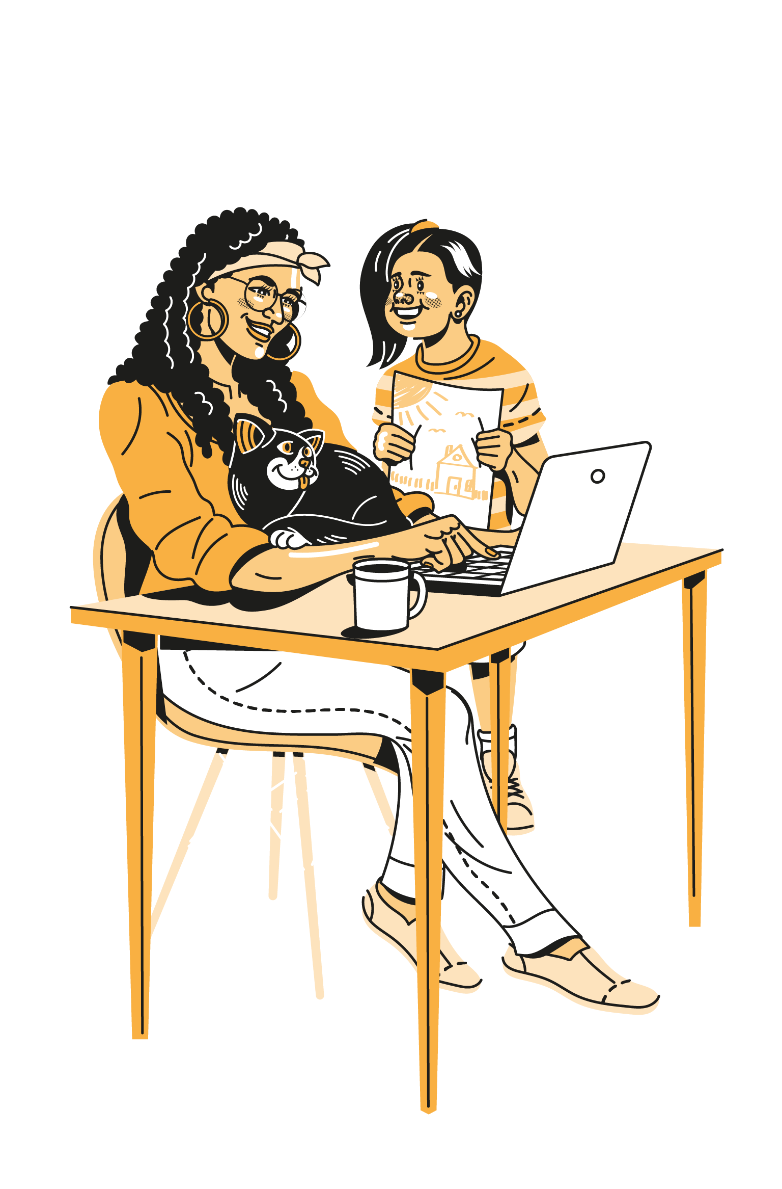 Eine Illustration in Orangetönen. Eine Schwarze Frau sitzt an einem Laptop am Tisch. Eine Katze sitzt zwischen ihr und dem Laptop. Ein Kind steht daneben und zeigt ihr ein gemaltes Bild.
