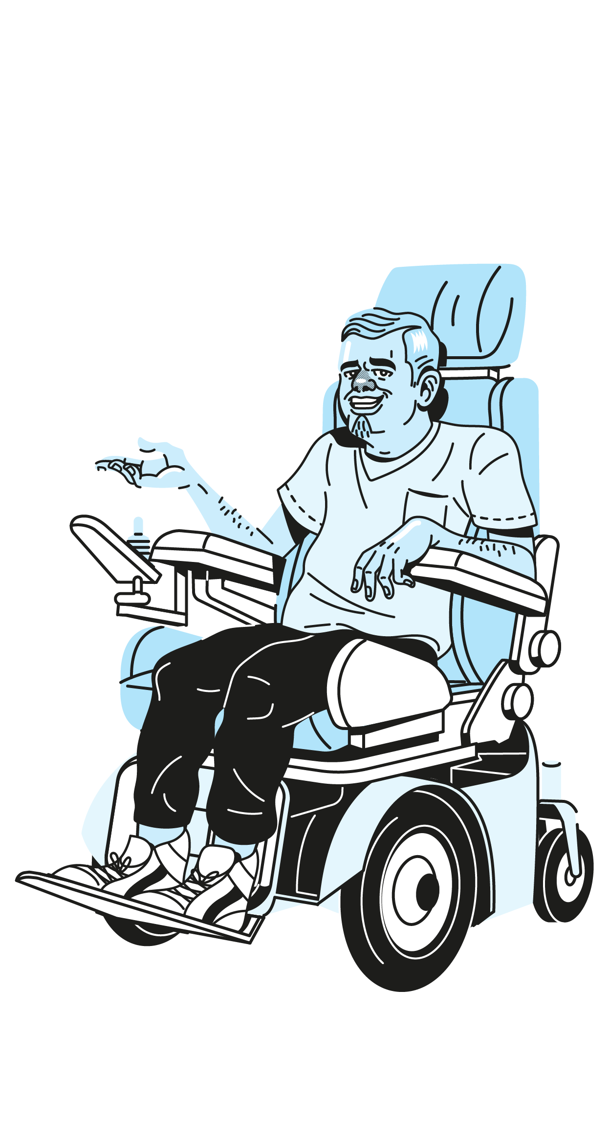 Illustration in Blautönen. Ein Mann sitzt in einem elektrischen Rollstuhl.