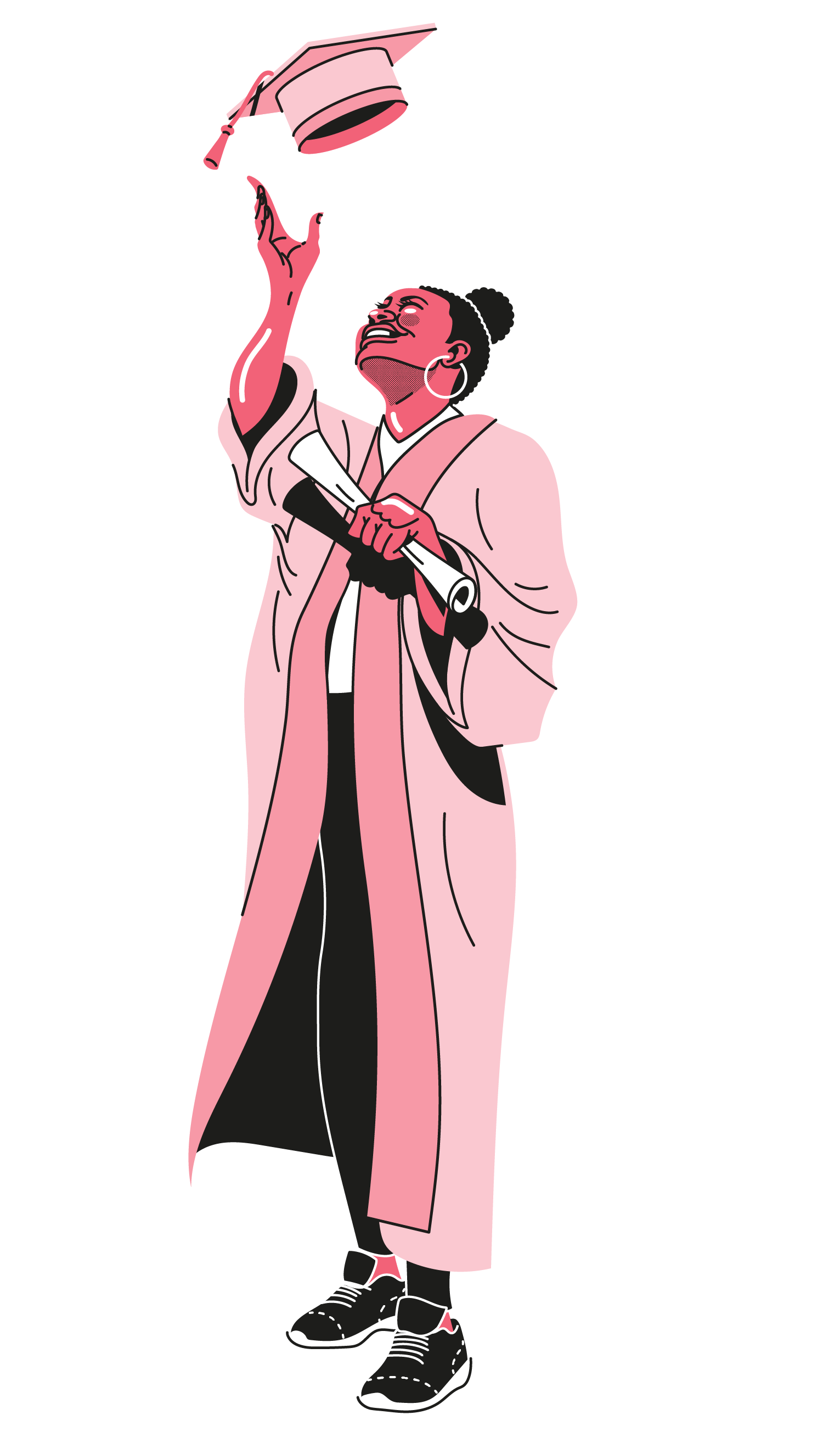 Eine Illustration in Rottönen. Eine Schwarze Frau in einer Absolvierendenrobe. Sie hält ihren Abschluss in einer Hand und wirft ihren Absolvierendenhut in die Luft.