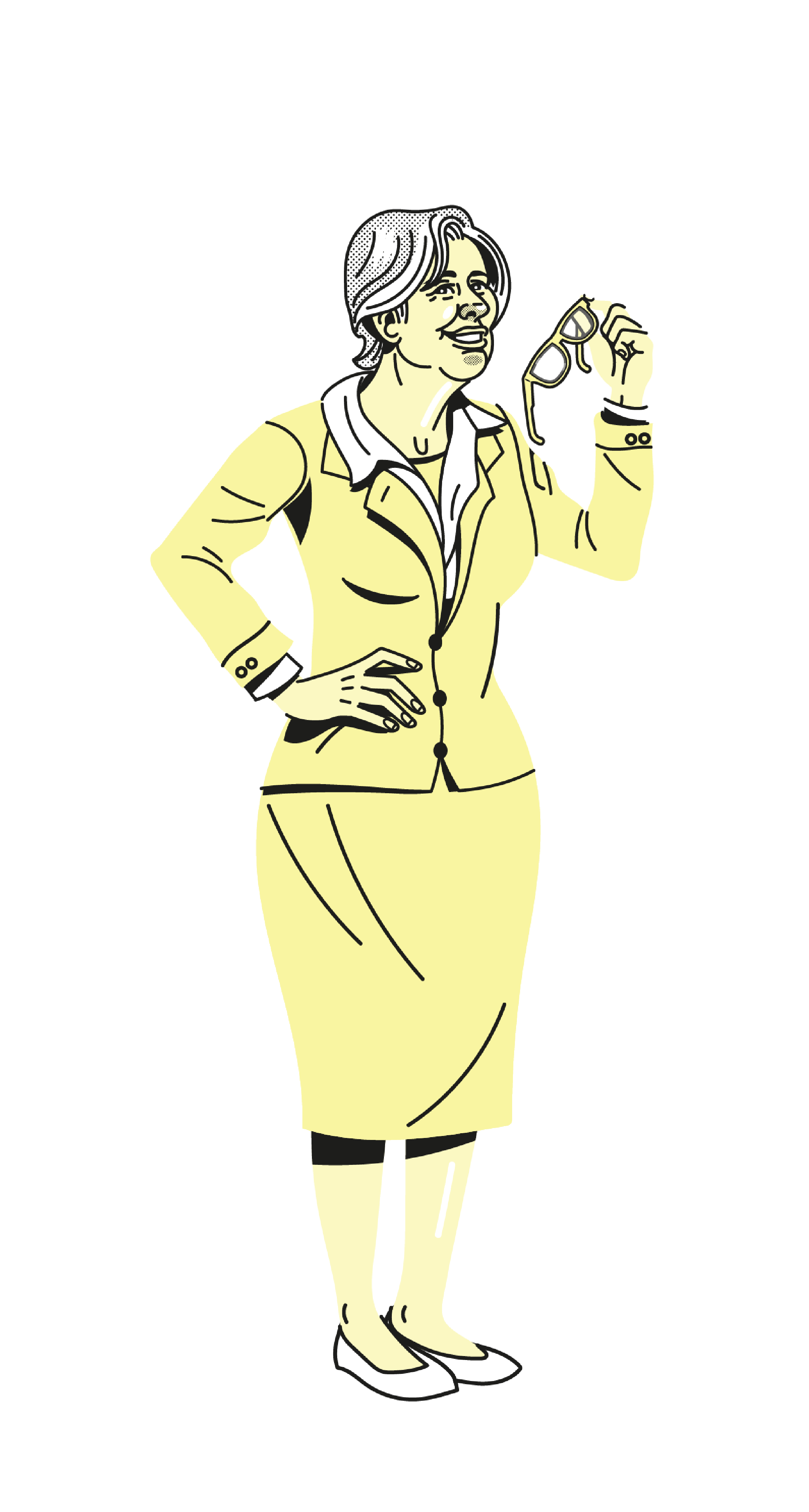 Illustration in Gelbtönen. Eine ältere Frau mit grauen Haaren  trägt Sakko und Rock und hält ihre Brille in der Hand.