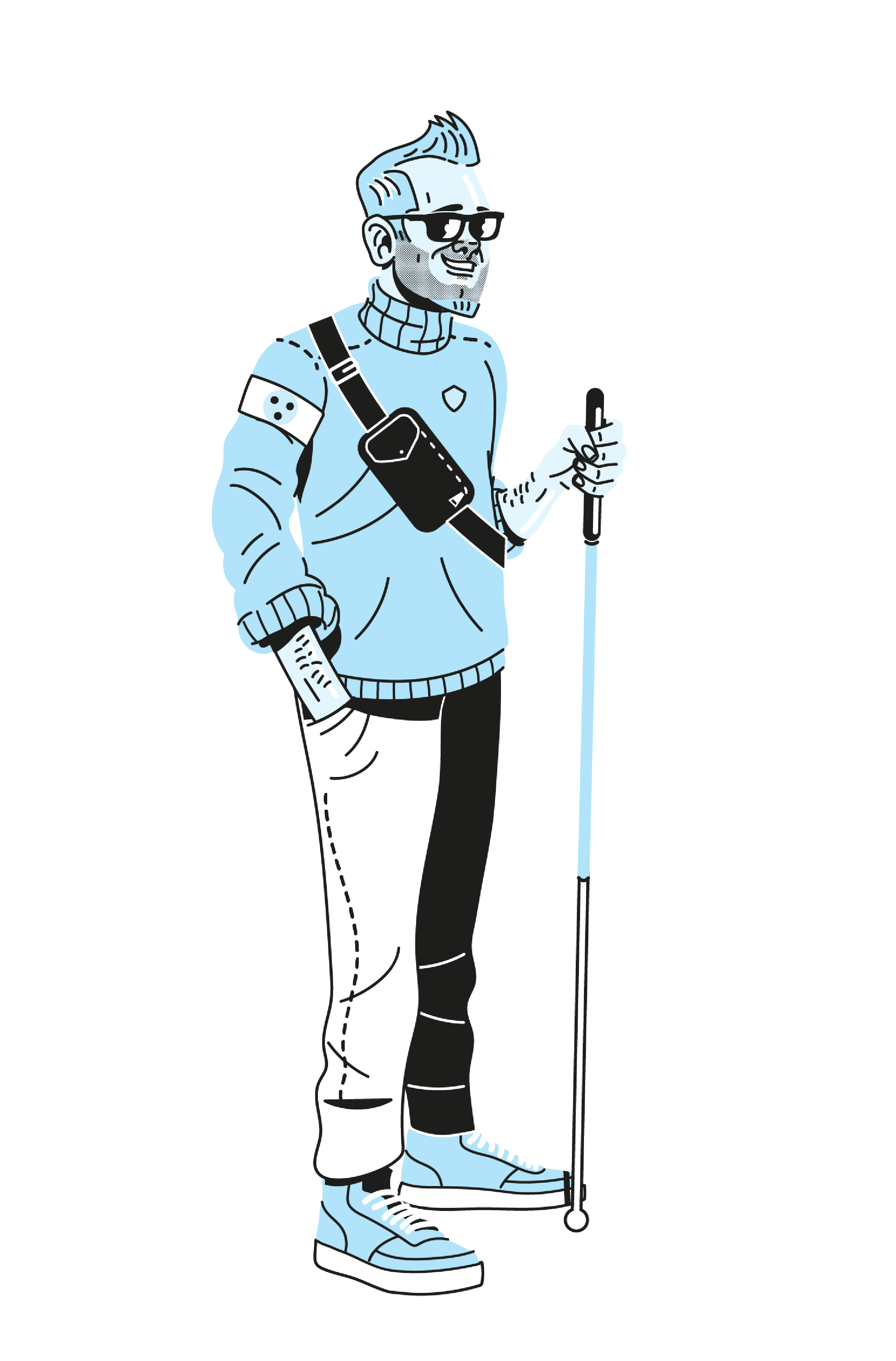 Illustration in Blautönen. Ein Mann mit Sonnenbrille hat einen Blindenstock in der Hand und eine Signalisierungbinde für blinde Menschen am Oberarm.