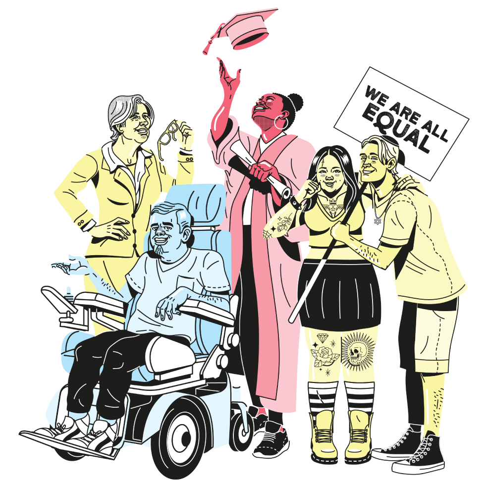 Eine Illustration von fünf Personen. Links steht eine ältere Frau mit grauen Haaren  trägt Sakko und Rock und hält ihre Brille in der Hand.